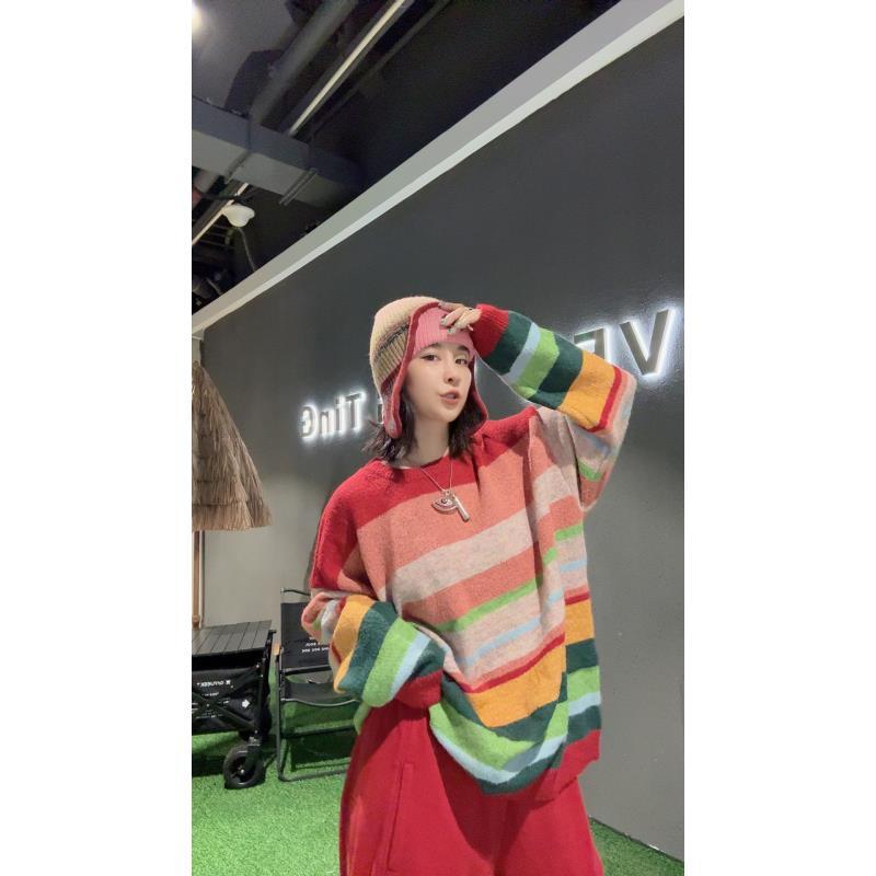 25939：圆领条纹针织彩虹轻熟风毛针织衫套头毛衣韩版上衣