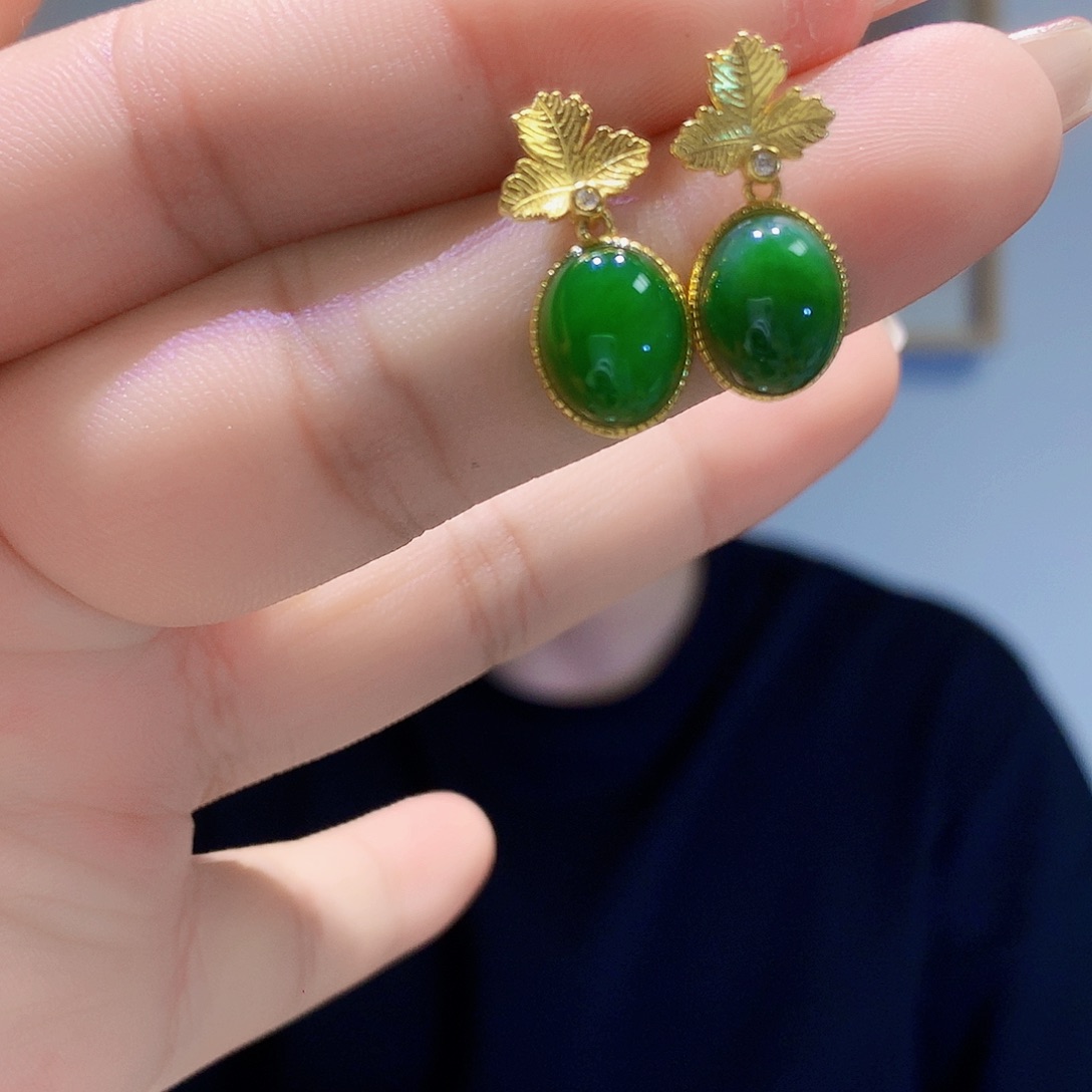 和田玉（碧玉）银S925镀金镶嵌耳饰