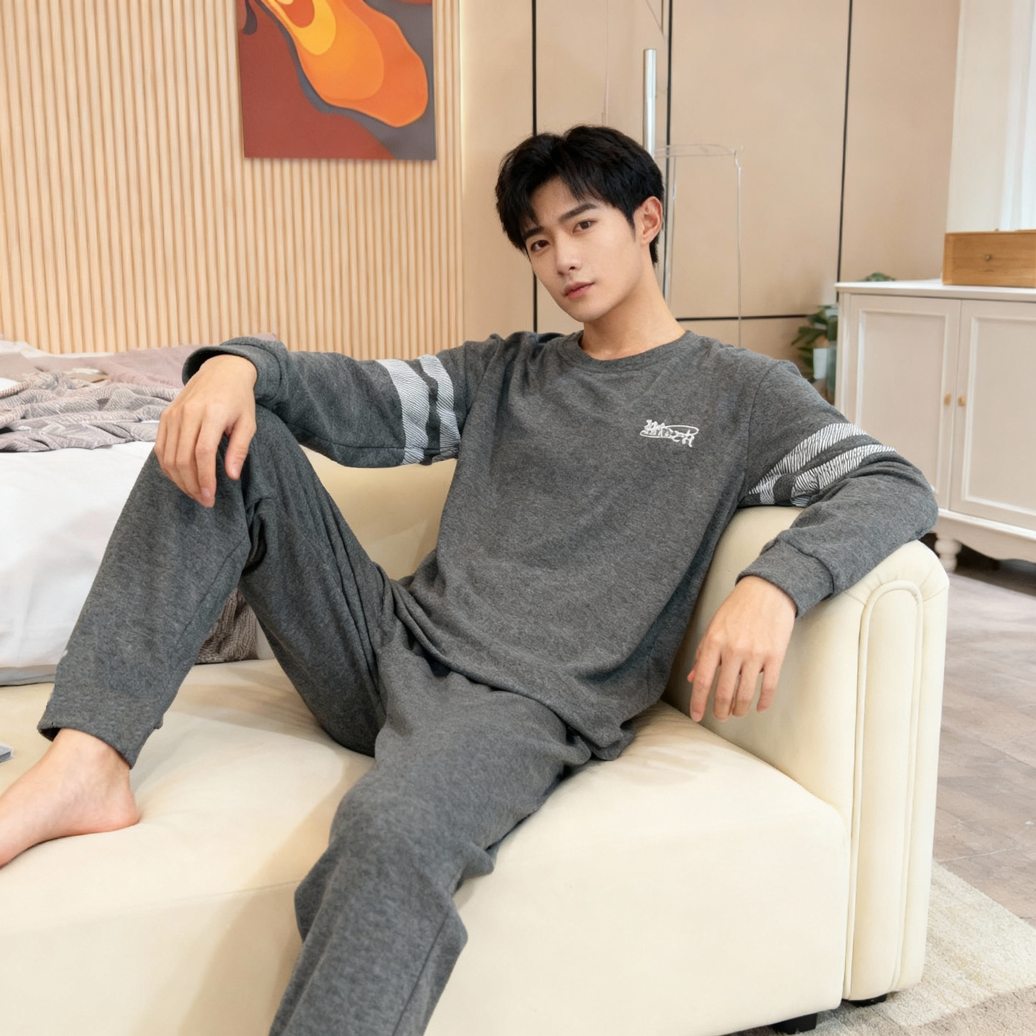 冬季加厚睡衣男新款长袖长裤韩版时尚家居服套装（双杠字母）
