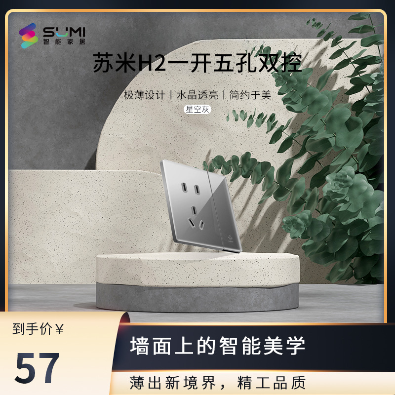 苏米H2家用多功能一开五孔插座电脑电视面板墙电源插座