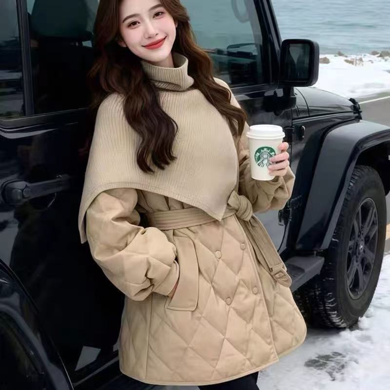 Yuanzhan/媛站女拼接双排扣中长款常规款气质显瘦时尚纯色