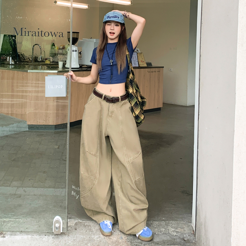 咖色设计感阔腿弯刀牛仔裤女2025秋季美式宽松显瘦垂感拖地裤