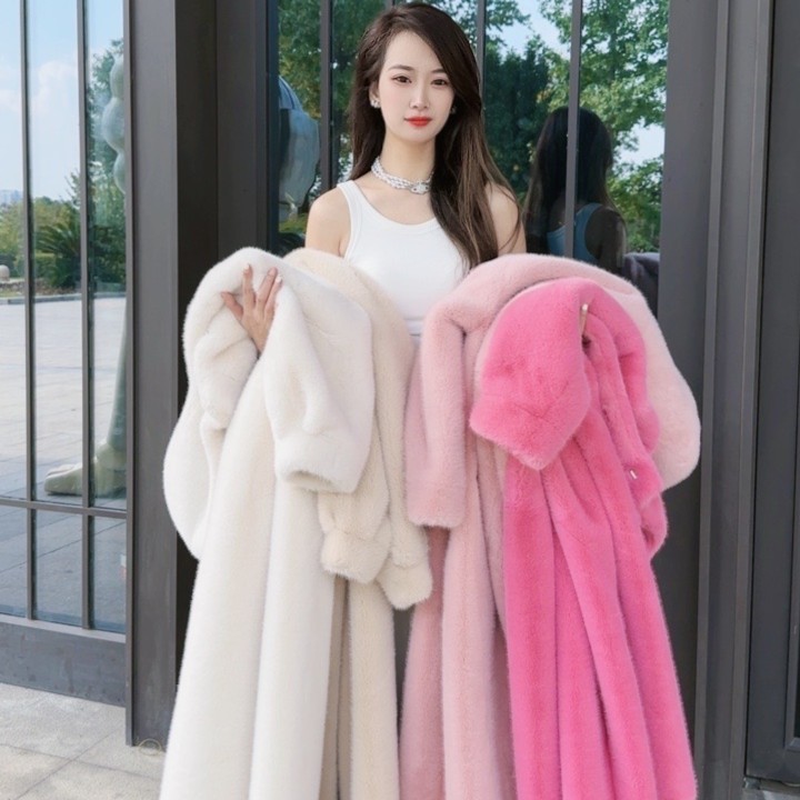 【貂绒世家】冬新款连帽大衣貂绒加厚保暖热力感连帽毛毛外套女长款