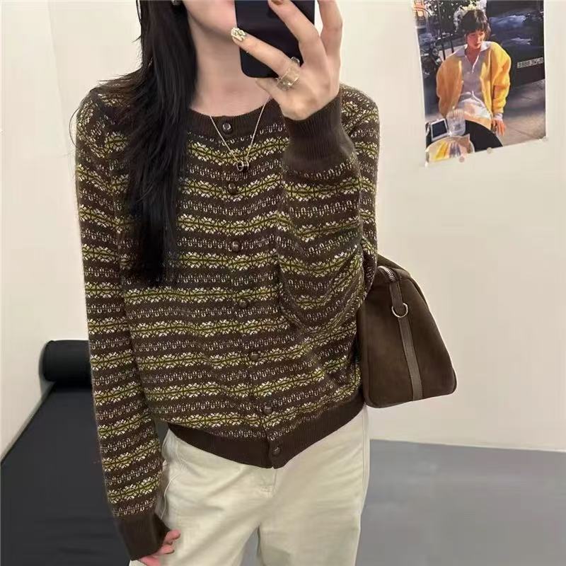 复古百搭提花毛针织衫常规款不褪色女厚款长袖圆领针织开衫