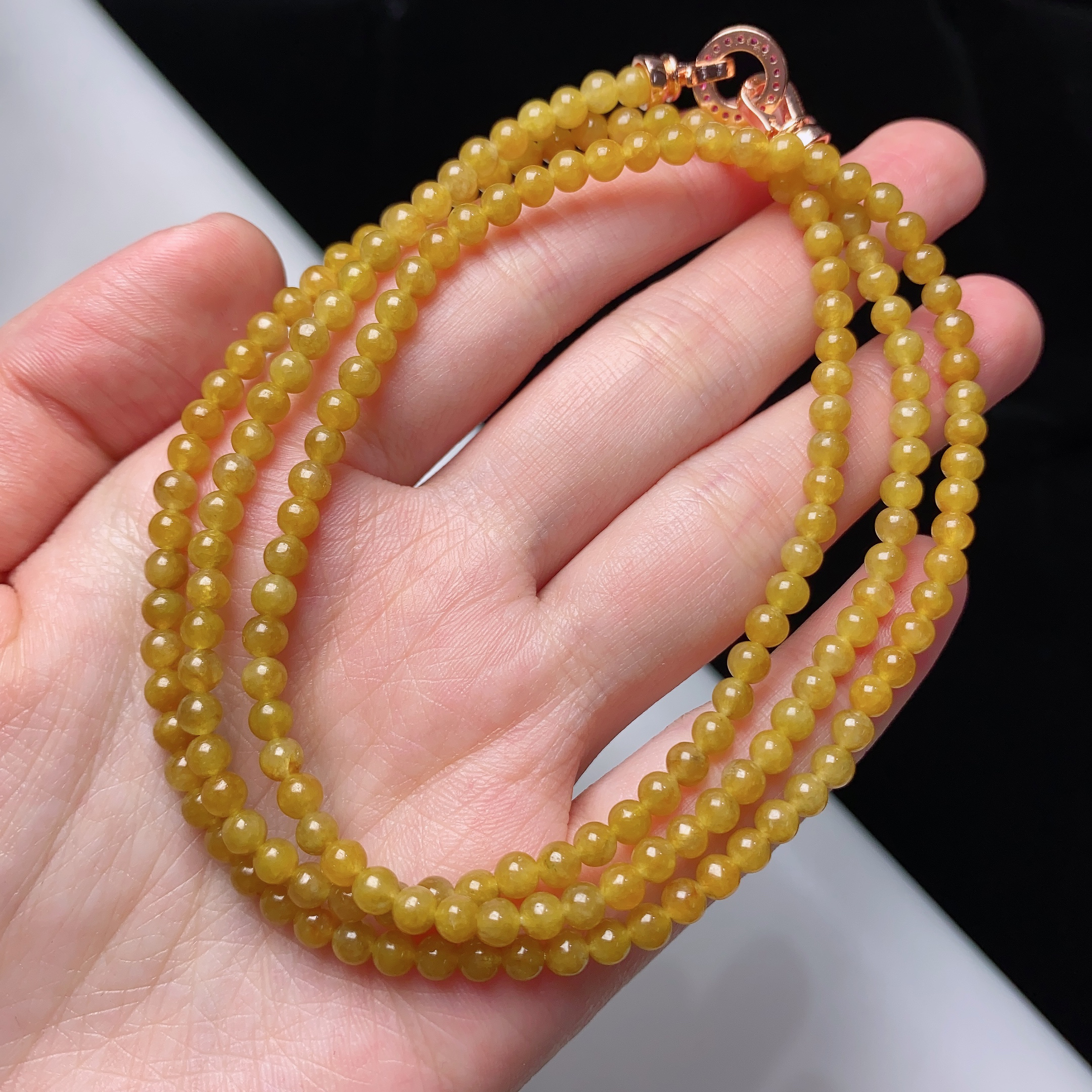 缅甸天然翡翠A货冰种黄翡小米珠项链卡3.5mm黄色长链