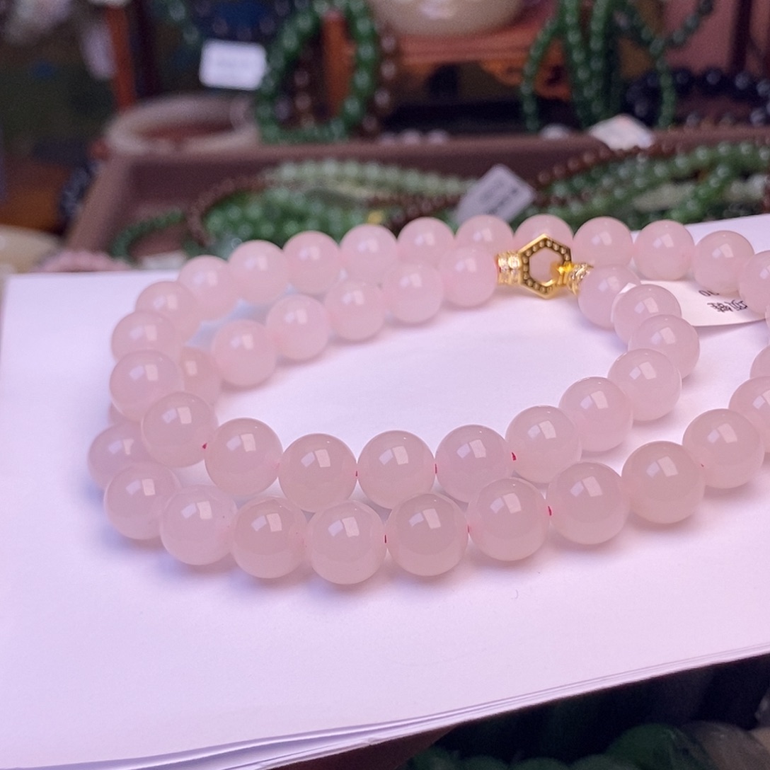 和田玉未镶嵌颈饰藕粉红粉老矿料项链10mm 