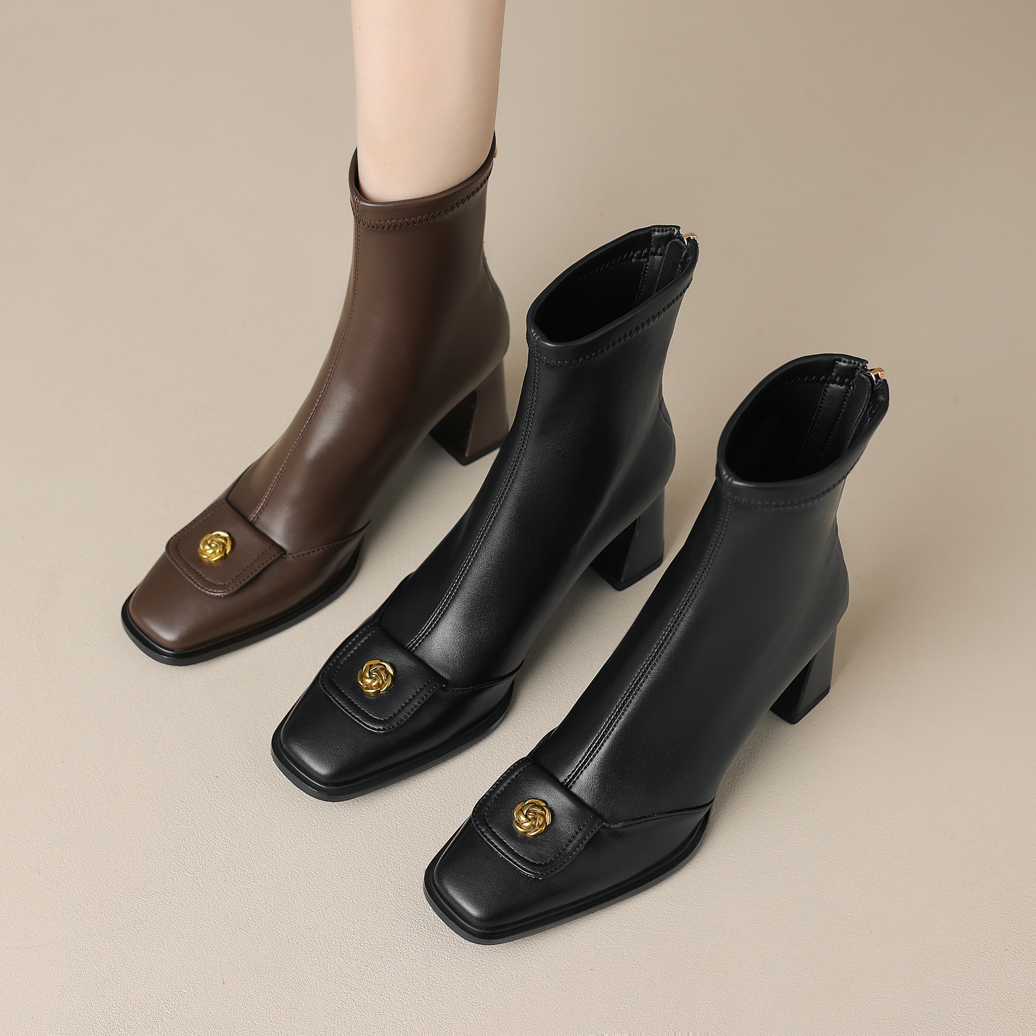 【跟高6cm】真皮百搭方头高跟短靴弹力靴女粗跟瘦瘦靴显瘦秋冬新款