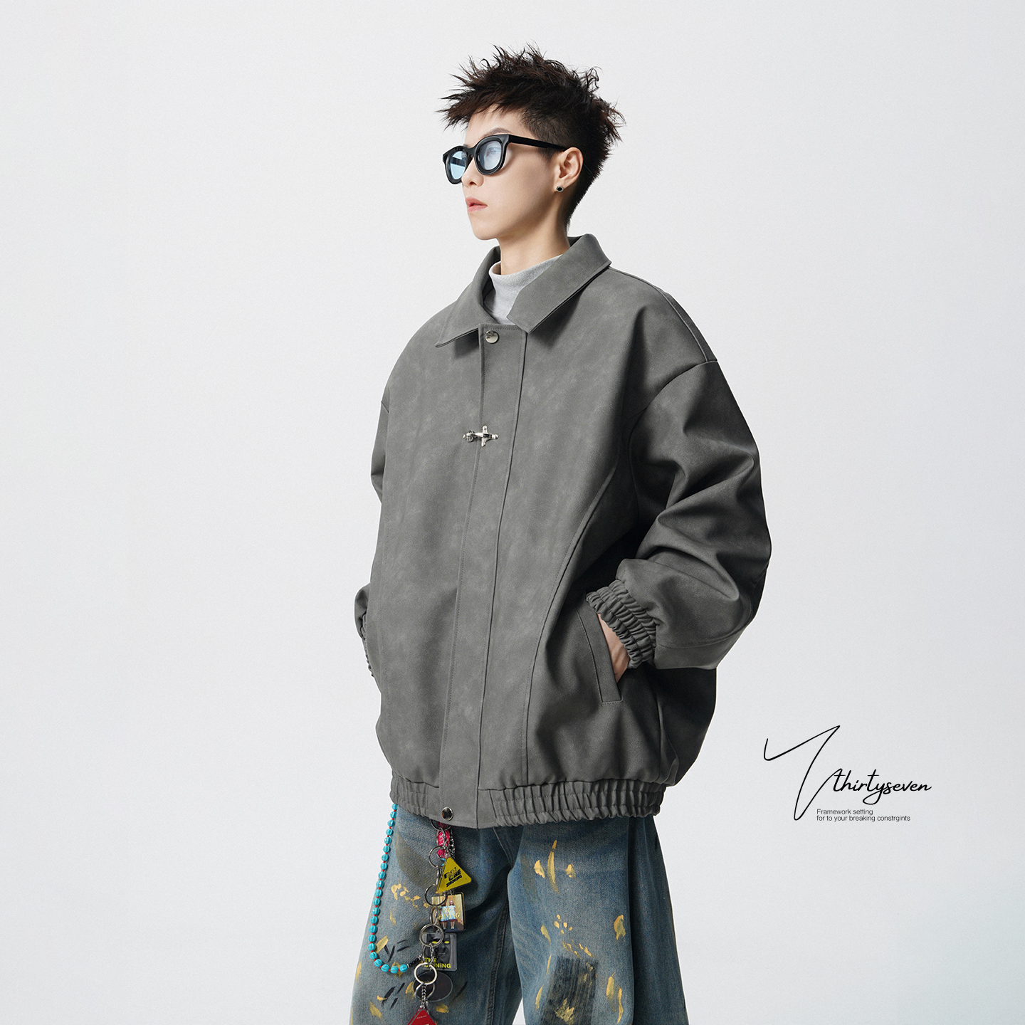 V37美式高级感解构拼接翻领皮夹克男秋潮牌街头cleanfit休闲皮衣