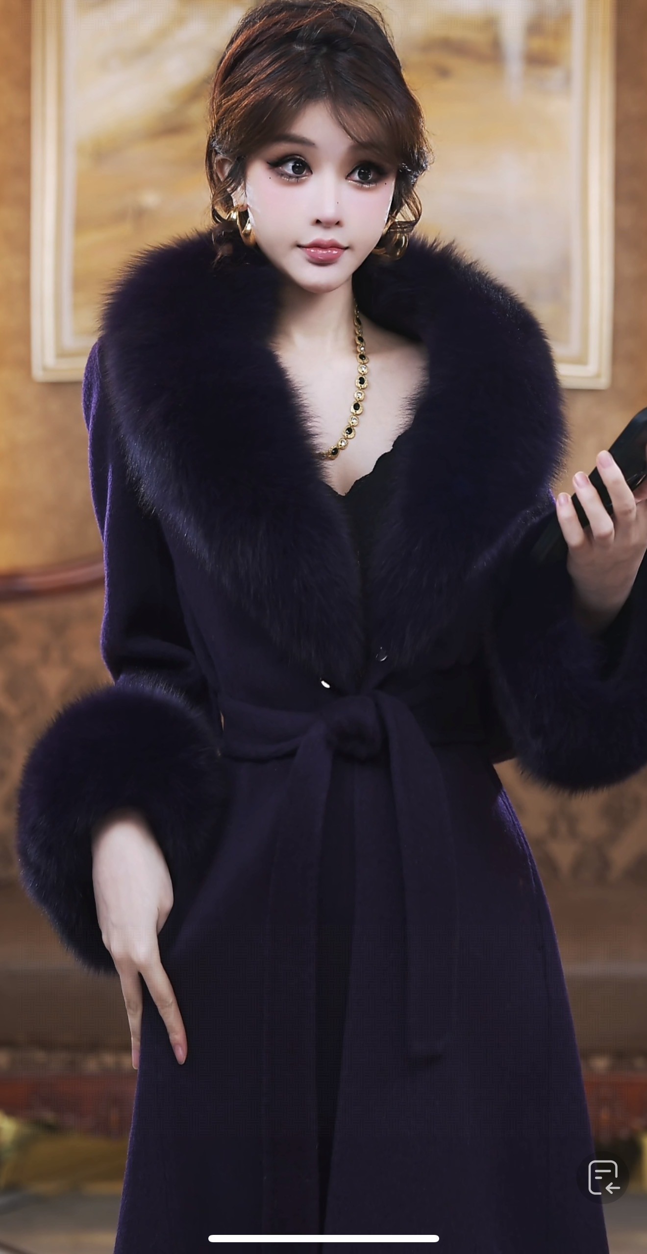 【婧婧专享】紫色3.0版超大狐狸毛领双面羊毛大衣外套修身新版长款