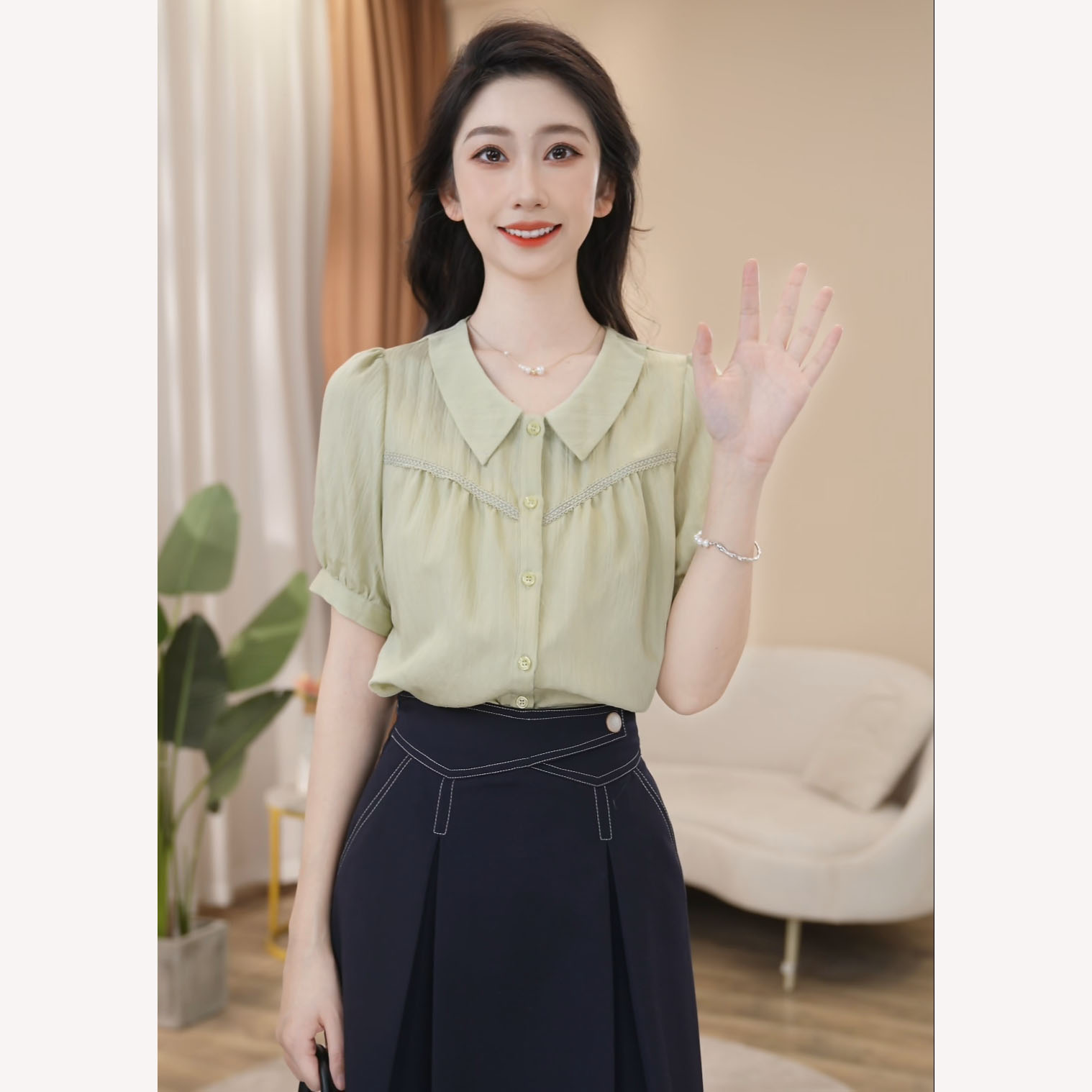 【曼贝】时尚设计感法式短袖衬衫女纯色条纹别致衬衣8492445A【滕滕】