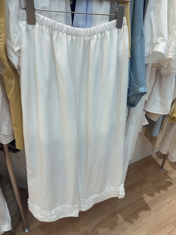 UM98781韩系花边裤脚九分直筒麻裤全松紧腰2025夏季新款麻裤