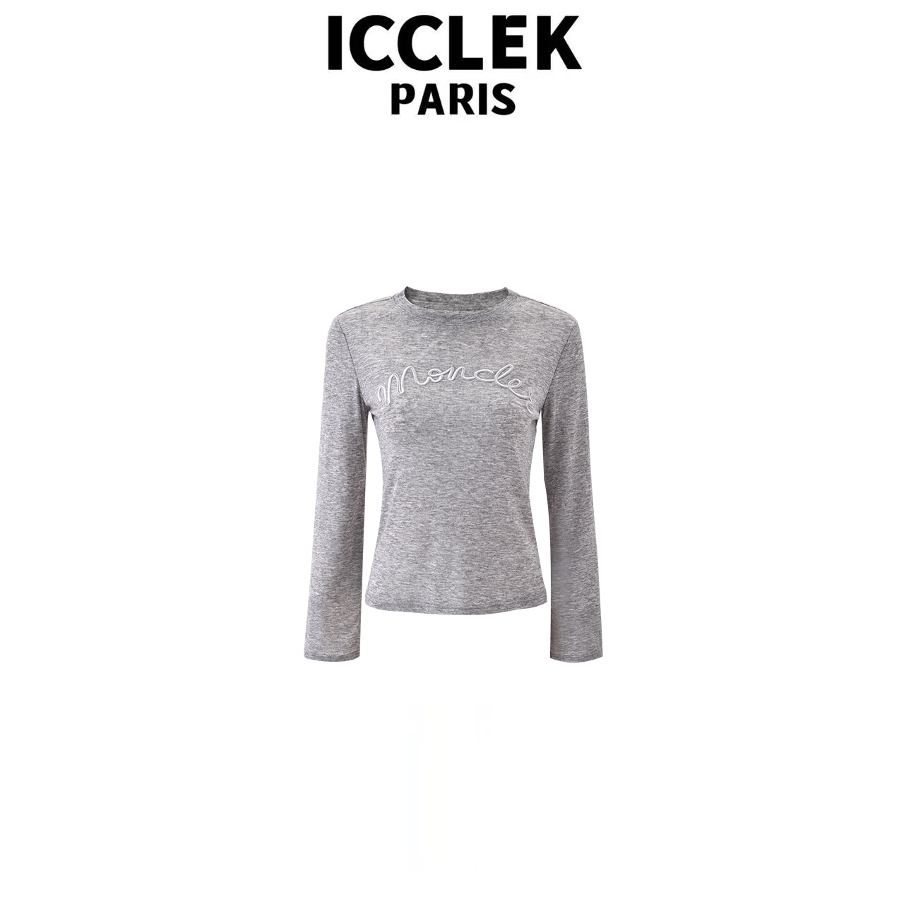 ICCLEK 灰色立体字母长袖打底气质长袖轻奢名媛减龄显瘦上衣-9098