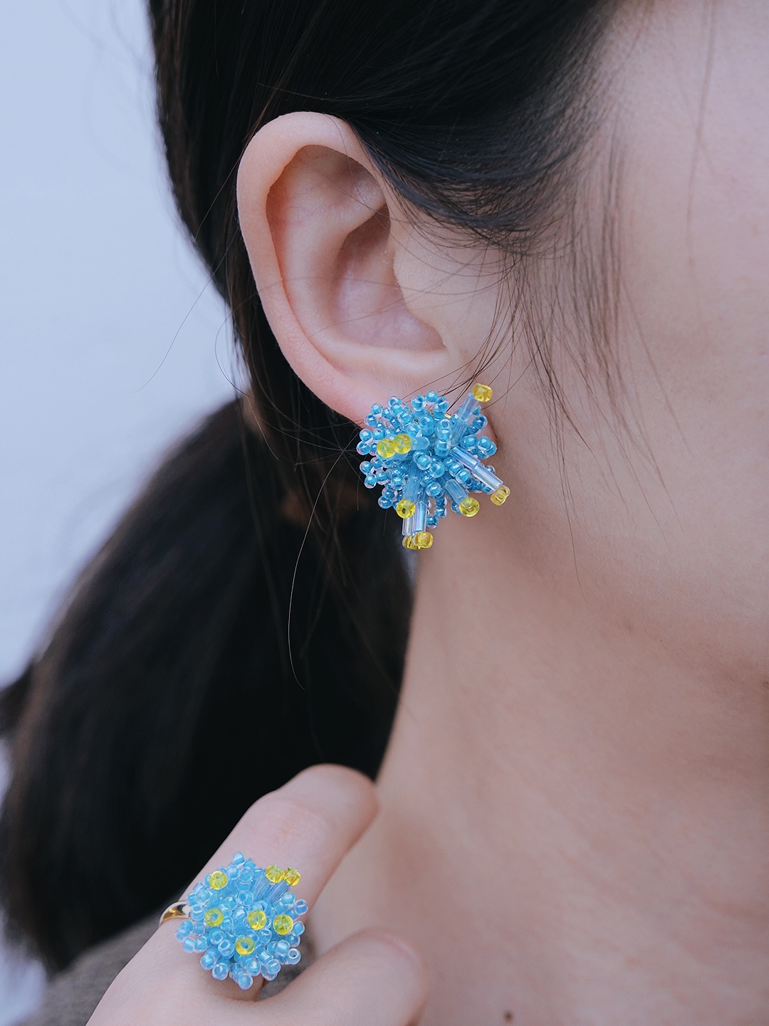 合金琉璃耳饰 Dust無尘手作 蓝色米粒珠黄色小花款耳钉 可耳夹
