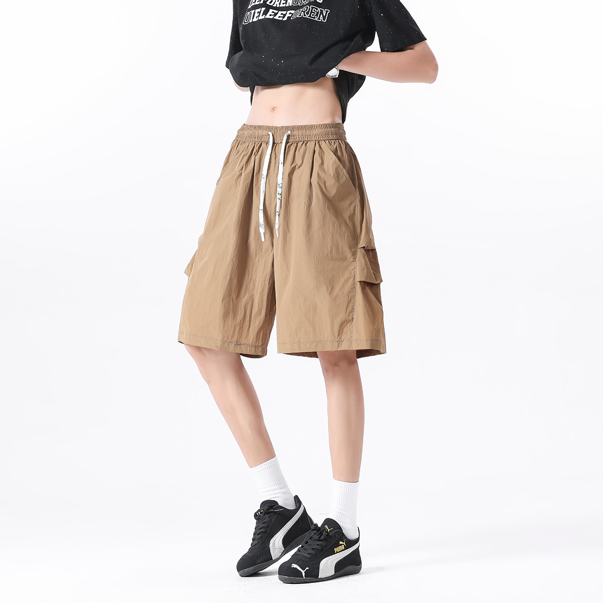 Jaaniste夏季潮牌宽松沙滩裤男五分裤潮流百搭纯色男女款抽绳短裤