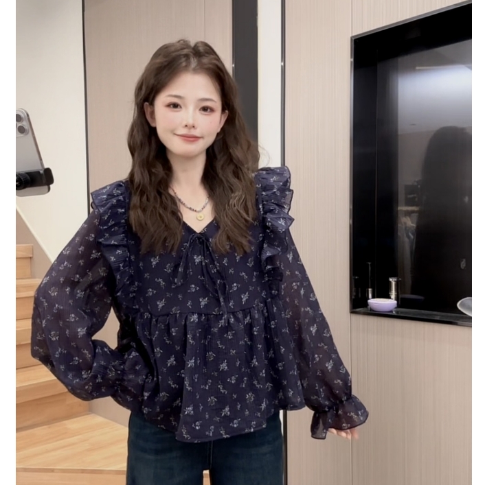 【全额运费补贴】9890韩系木耳边碎花小领上衣t恤显瘦印花秋季新款