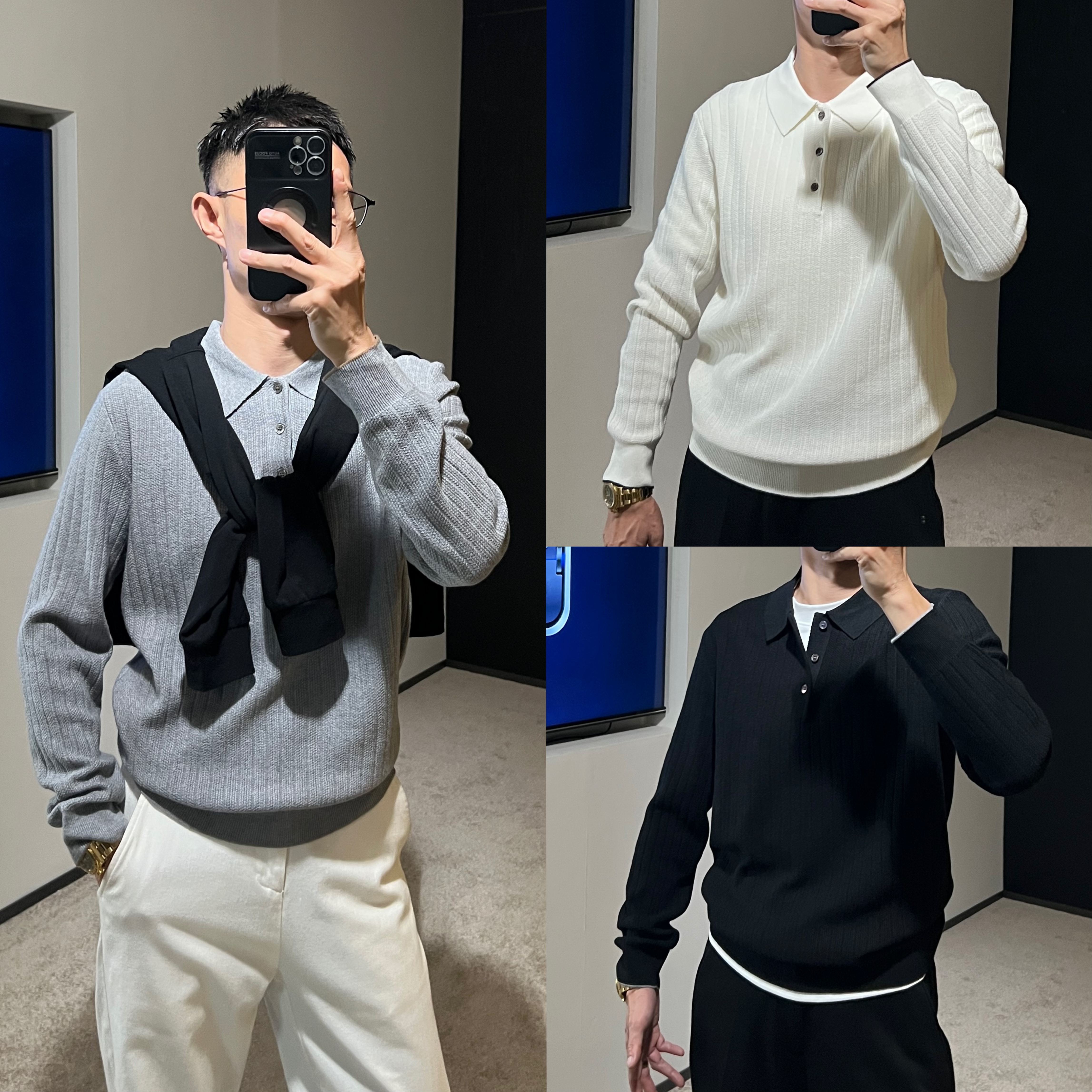 【老钱极简】25秋冬 B*C16针双股羊*毛混纺纯色翻领针织polo衫男士