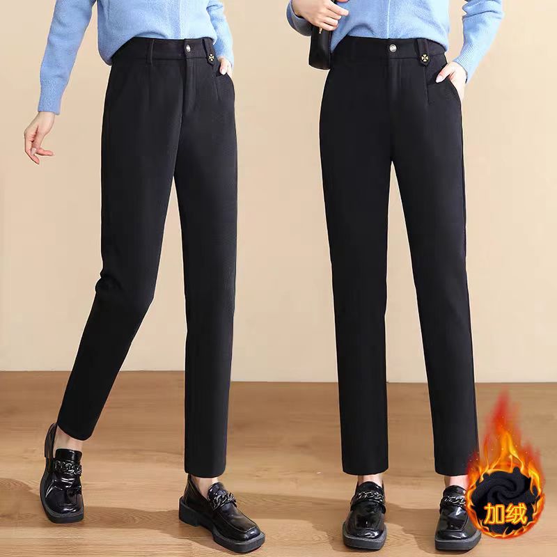 5552毛呢哈伦裤女秋冬新款小个子高腰直筒裤加绒加厚休闲烟管裤子