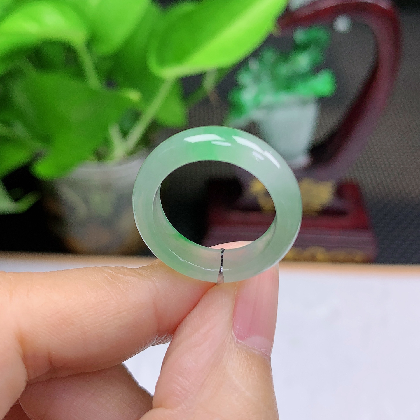 A002671天然缅甸翡翠A货冰种飘绿戒指玉石戒圈14圈内径16.9mm