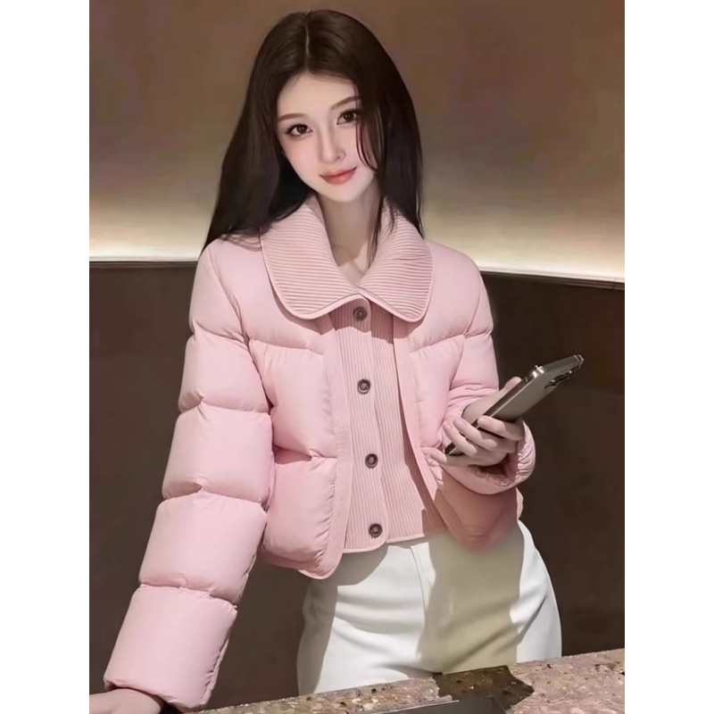 时尚新款冬季粉色泡芙翻领短款棉衣女加厚保暖小个子面包服外套