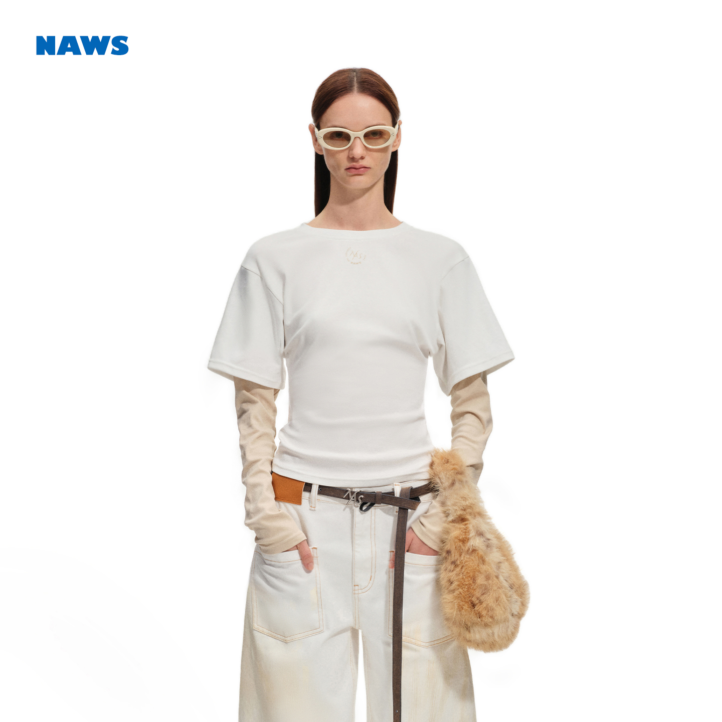 NAWS 印章假两件长袖Tee 假两件拼接撞色宽袖收腰显瘦百搭T恤上衣