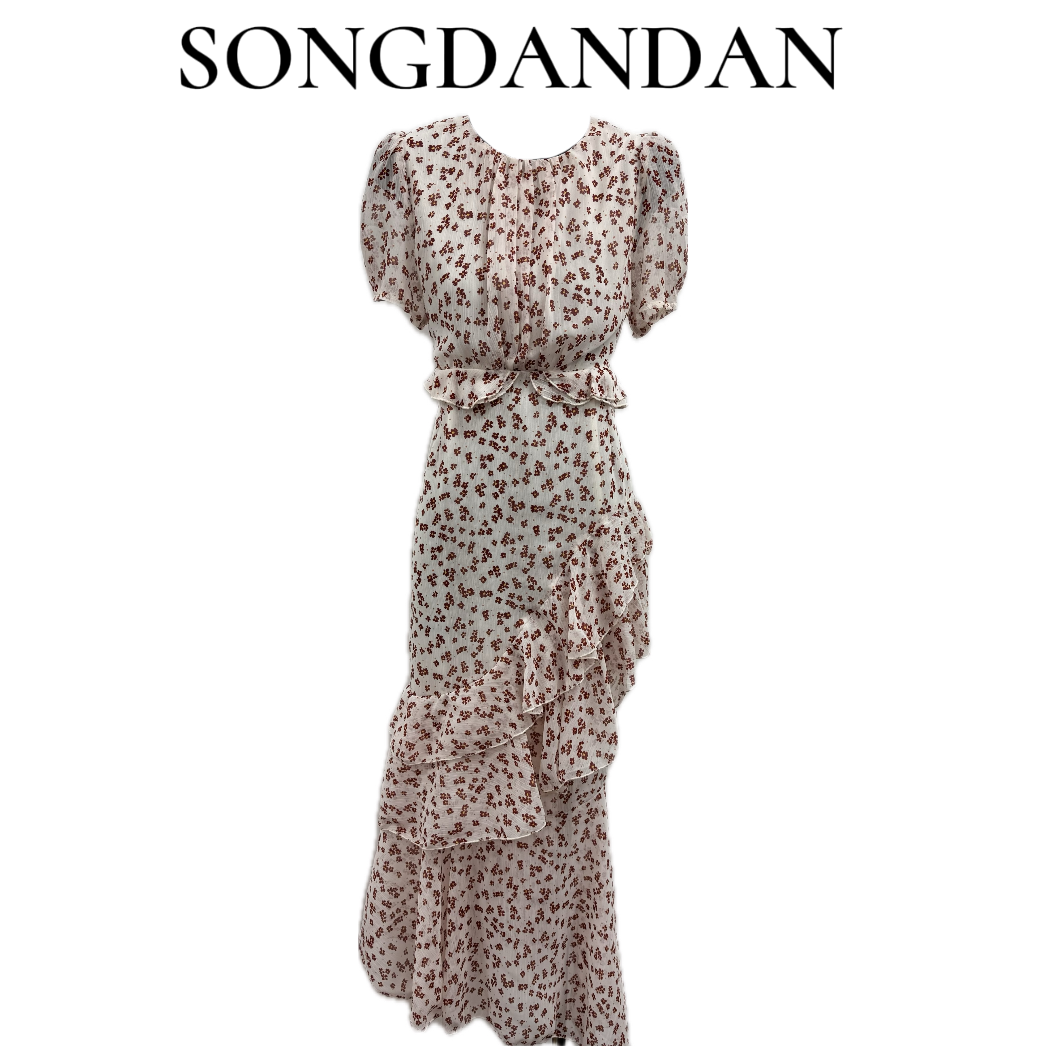 圆领泡泡袖碎花荷叶边鱼尾连衣裙