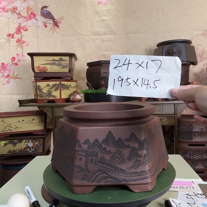 花盆紫砂刻绘长城