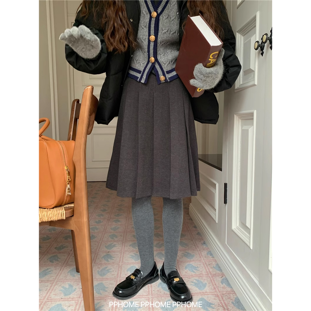 半百褶中裙 冬季毛呢半身裙miu系中长半身裙五分裙女秋冬百搭裙子