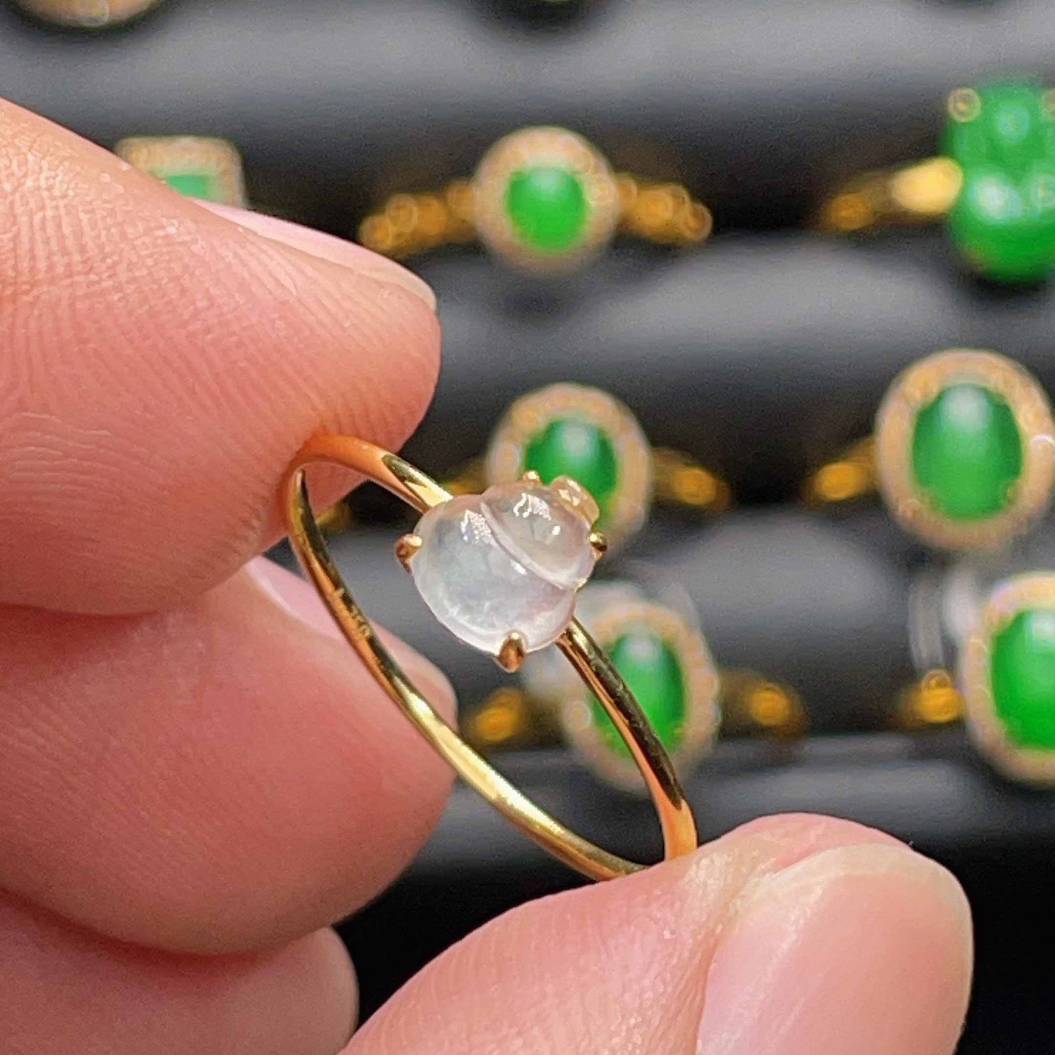 18K金天然翡翠A货D-980葫芦高冰戒指K黄镶嵌珠宝玉石气质精致女款