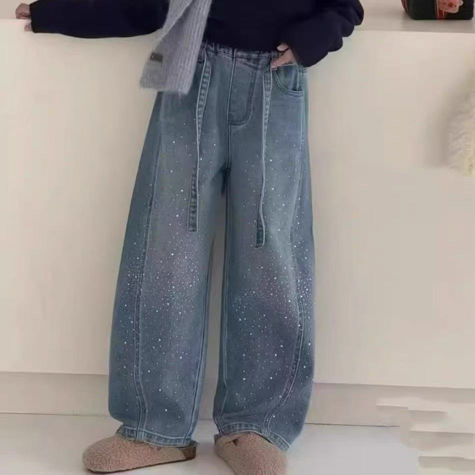 韩国童装2025冬季新款女童加绒烫钻牛仔裤休闲保暖阔腿直筒长裤潮