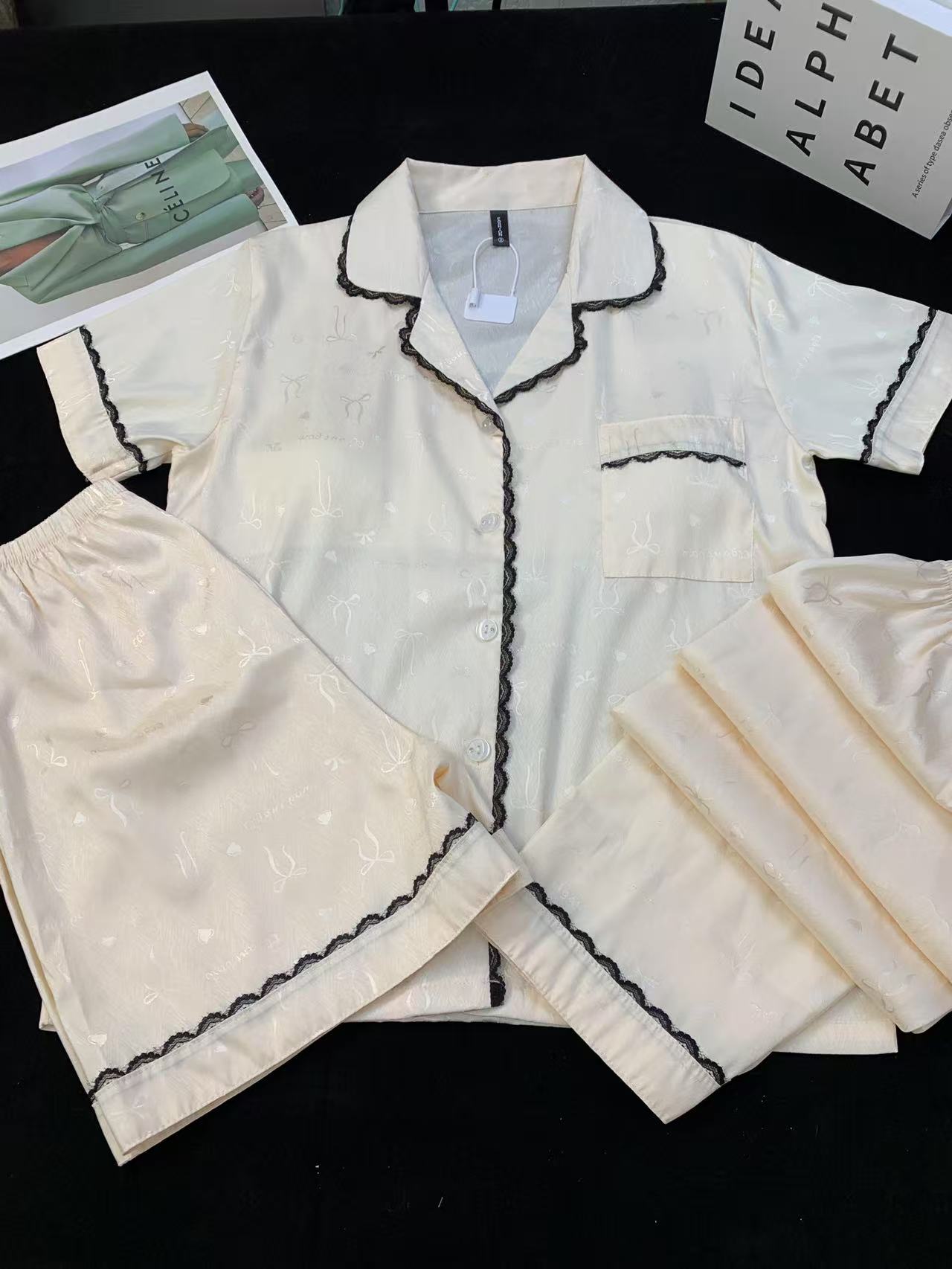 夏季冰丝短袖短裤长裤睡衣家居服套装白色家居服