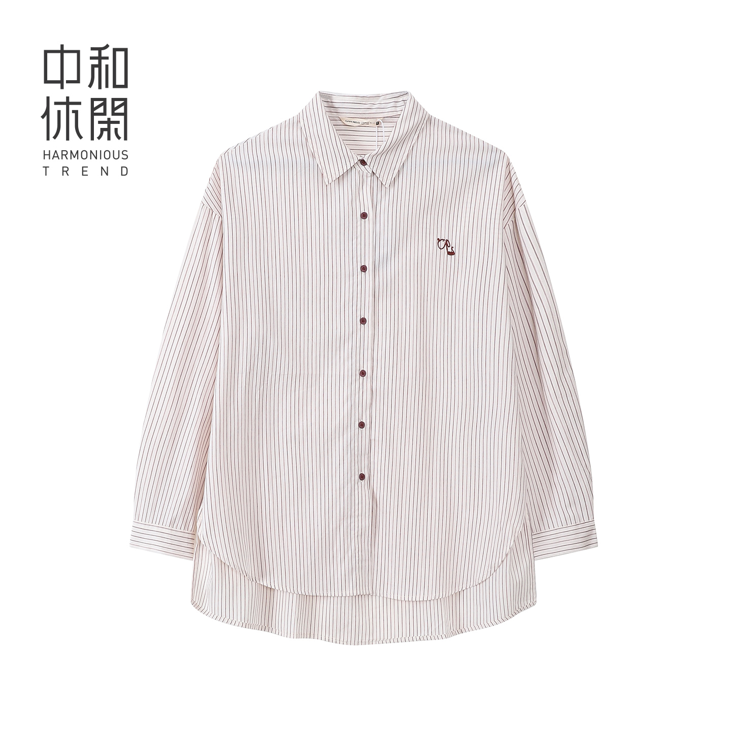 中和休闲翻领条纹长袖衬衫女2025秋季新款刺绣简约通勤上衣纯棉