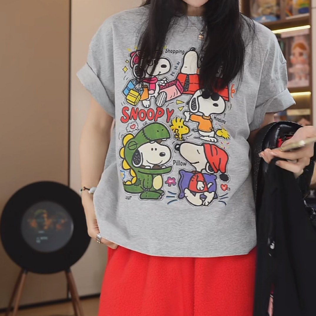 【劉發發】【帅气努比短袖】K348-新款时尚百搭圆领卡通纯棉宽松潮流T