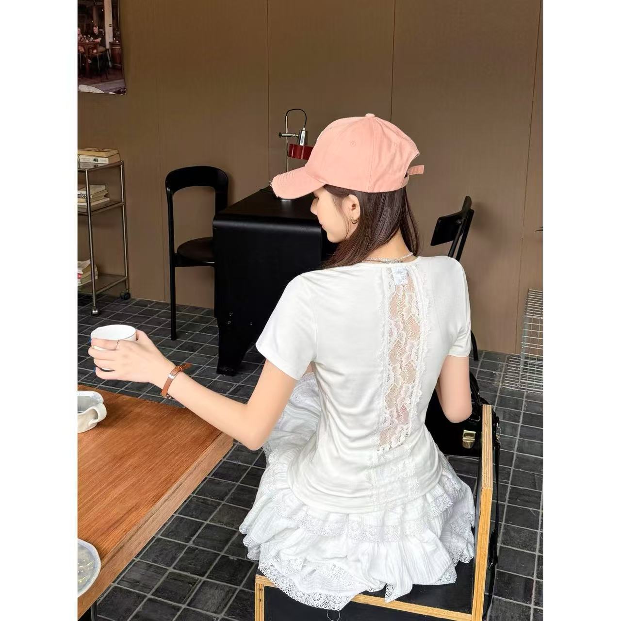 [DARUI]韩系蕾丝拼接短袖t恤女纯欲辣妹后背镂空性感上衣7067