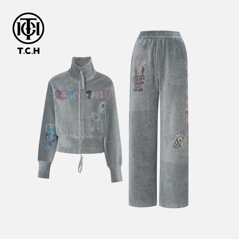 TCH私服秋冬慵懒风烫钻时尚淑女气质灰色套装T75D07E5012轻奢tch