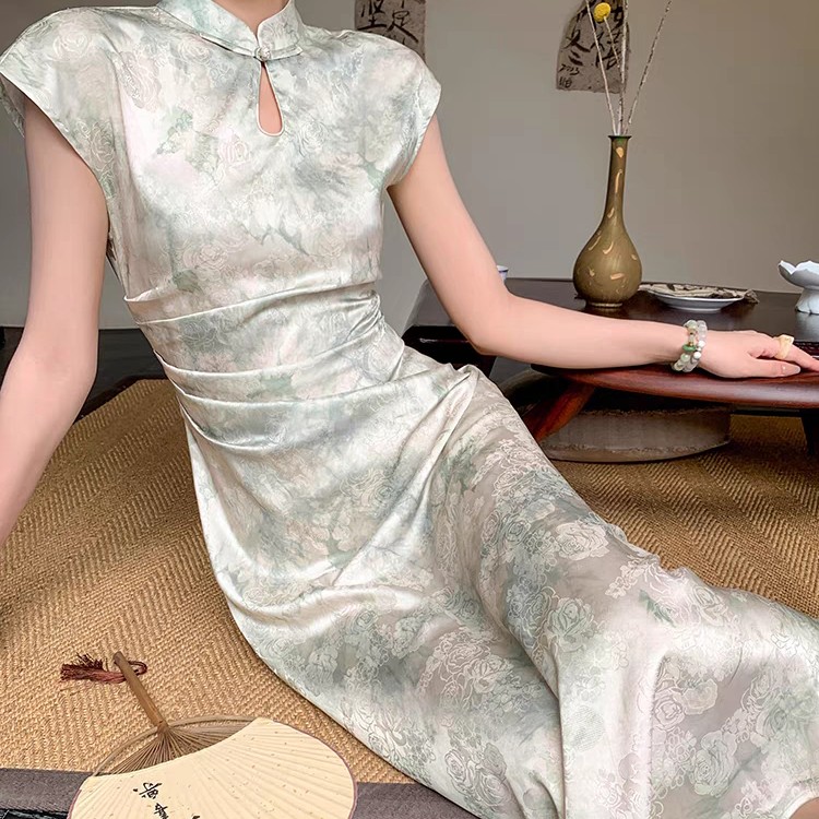 直播链接乱拍发纸巾新中式拼接日常圆襟长裙长袖旗袍薄款