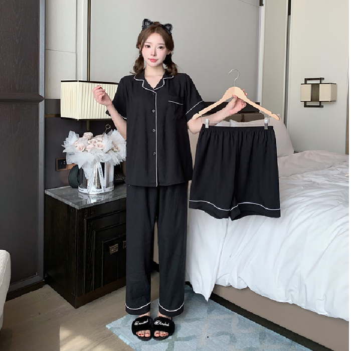 三件套夏季睡衣女云朵棉吸汗透气舒适胖美女特大码休闲家居服套装