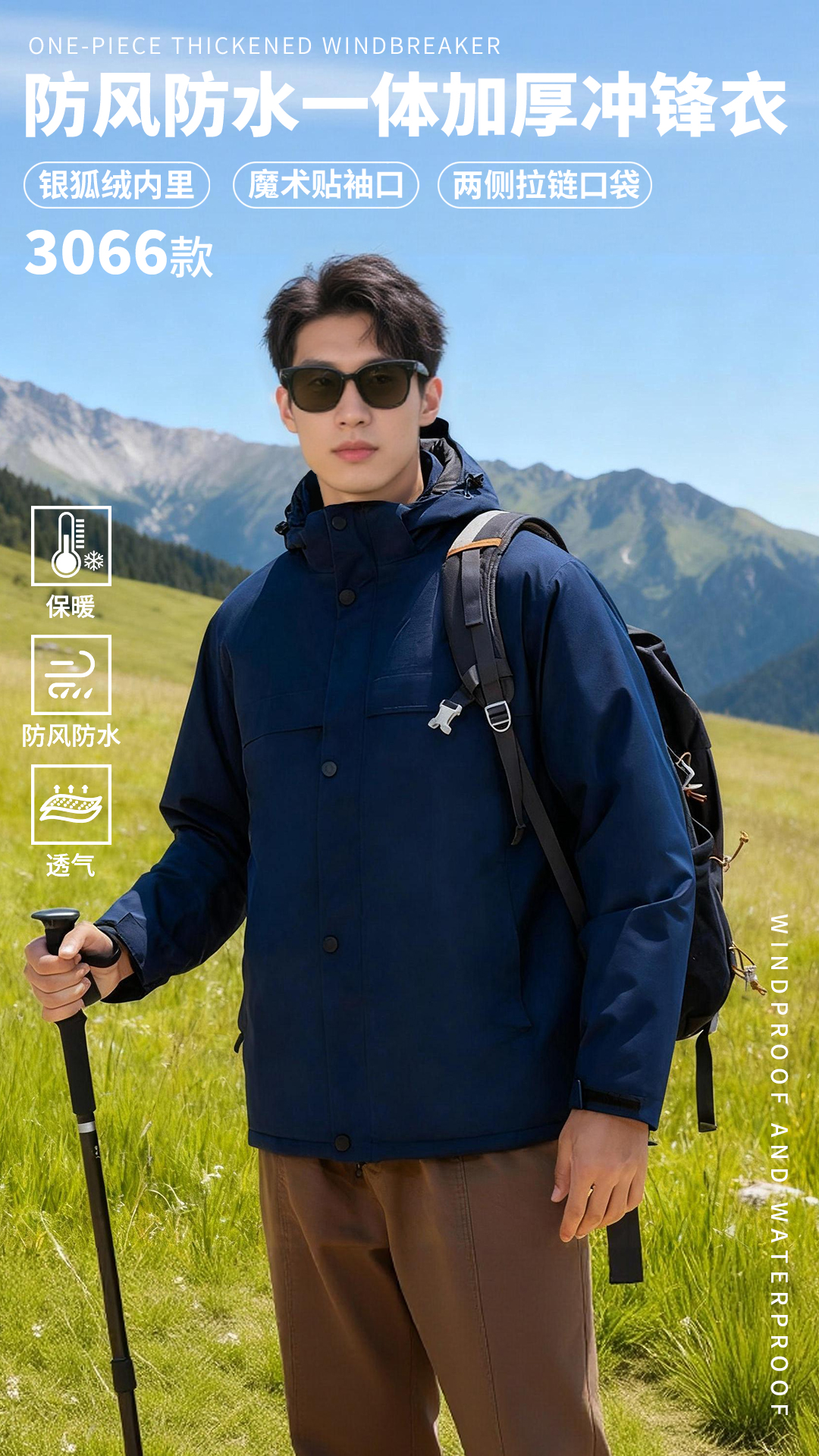 3066款一体加绒冲锋衣户外秋冬款银狐绒男女同款工作服外套