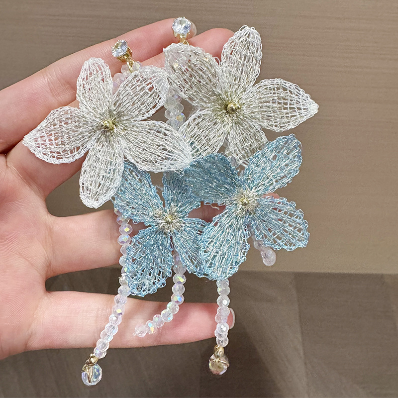 超仙氛围感甜美薄纱花朵串珠流苏镶钻耳钉轻奢精致小香风百搭耳坠