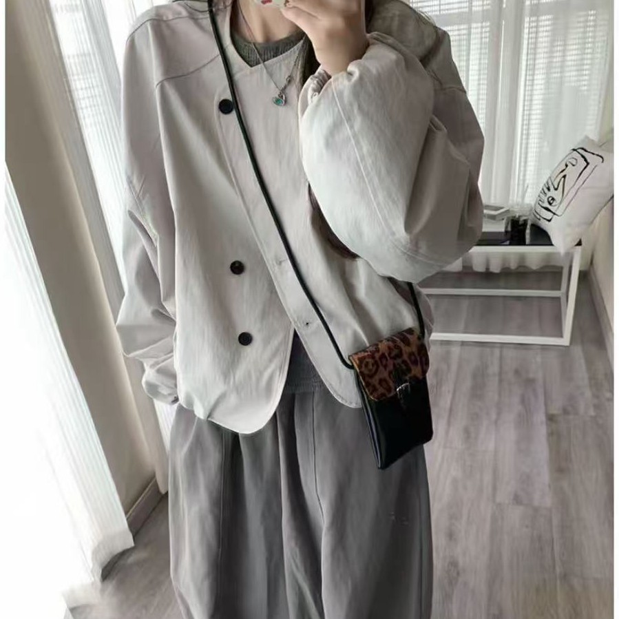 9815设计感斜扣圆领外套女初秋季泡泡袖上衣+轻薄阔腿垂垂裤套装