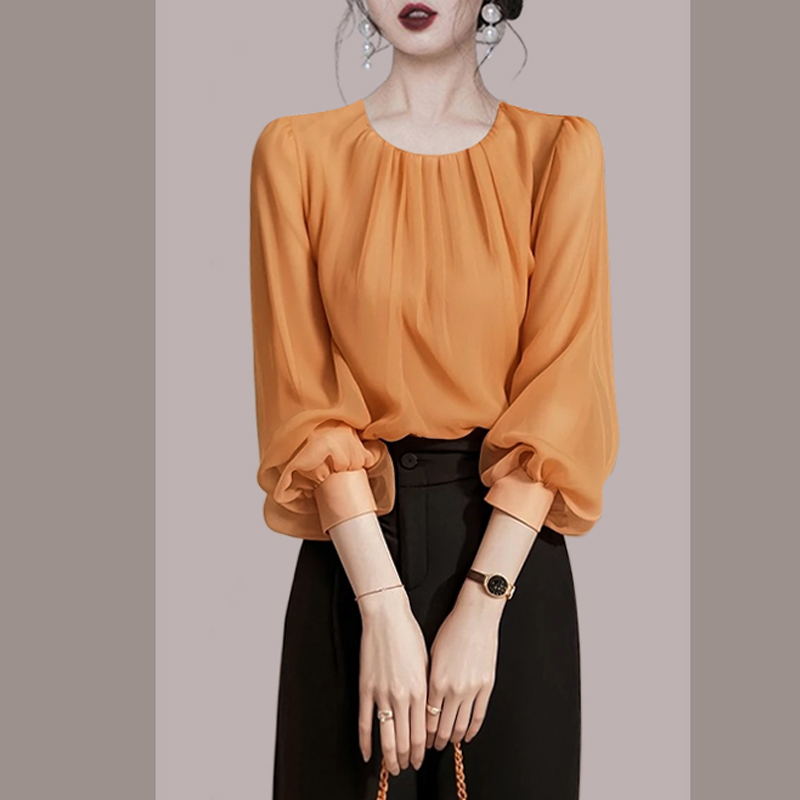 2025春季新款今年流行雪纺法式绝美橘色小上衣女气质小衫显瘦