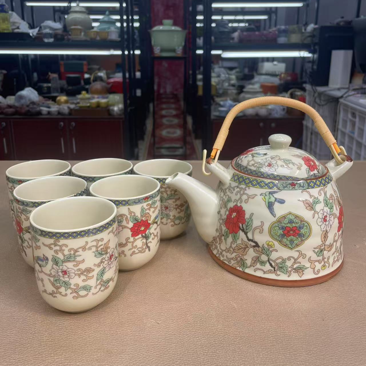 陶子茶具 复古陶瓷富贵牡丹提梁壶一壶六杯小套装家用泡茶壶-2645