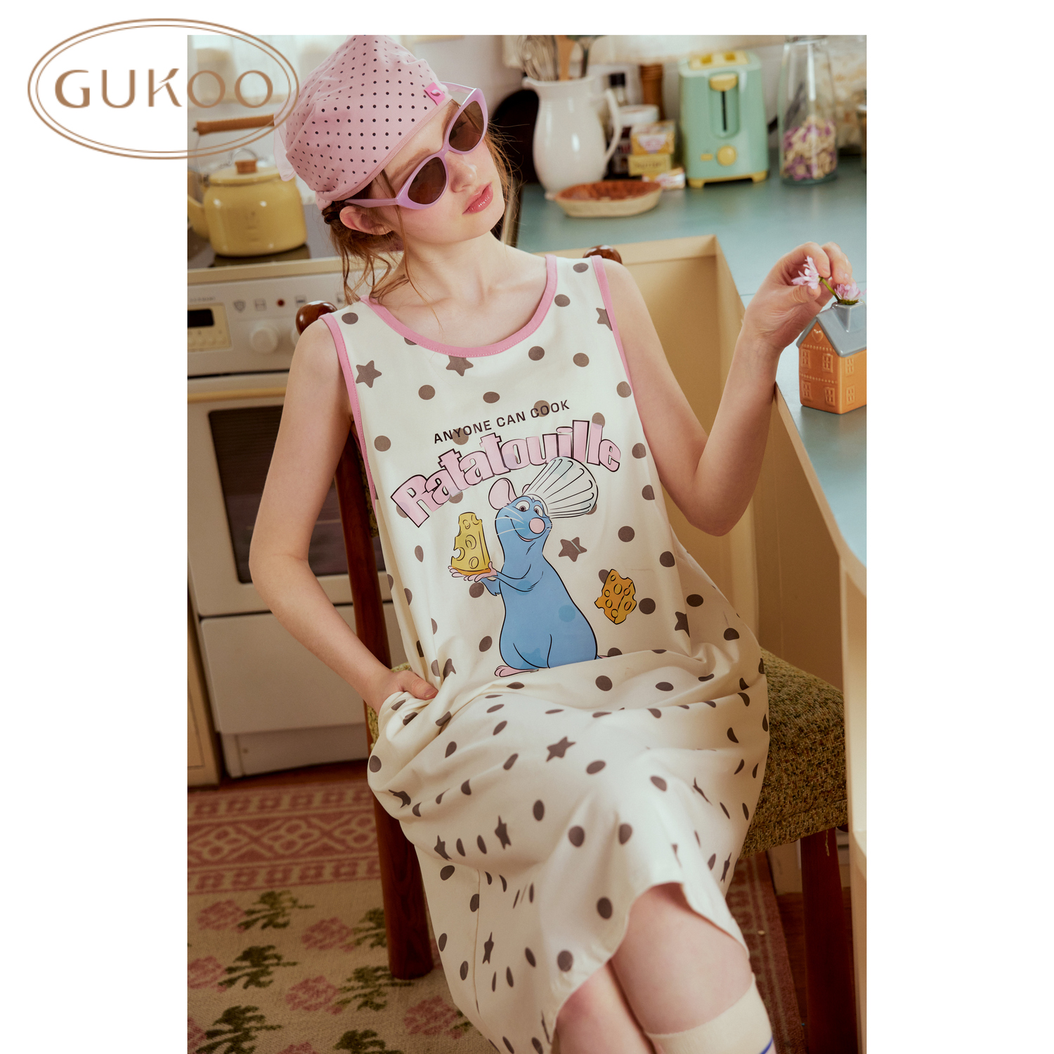 Gukoo/果壳睡裙春夏料理鼠王联名纯棉无袖女士家居服睡裙