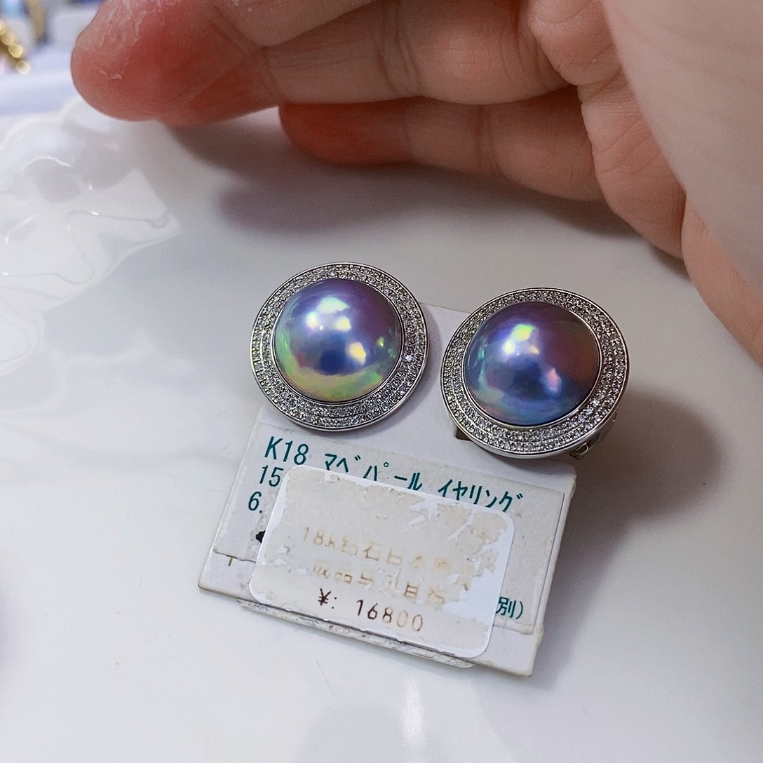 拼合珍珠（马贝珠）女神节特价星空蓝满钻豪镶耳饰18K金镶嵌