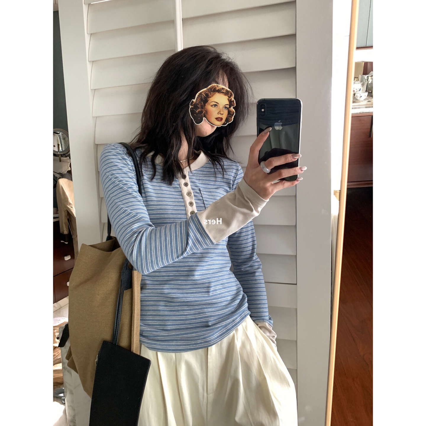 简约复古调性撞色半开领条纹长袖T恤女秋季2025新款休闲百搭上衣