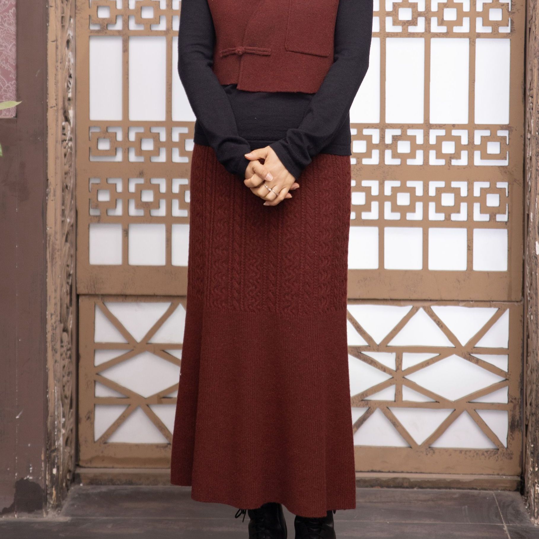 雅比那【鱼尾裙】 山羊绒秋冬时尚复古高腰显瘦半身裙优雅加厚