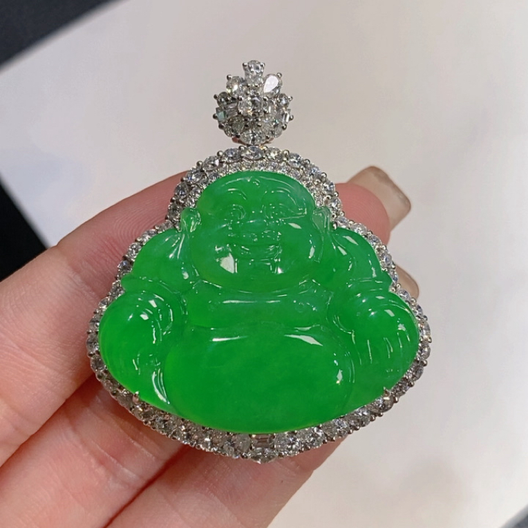 【拾玥珠宝】天然缅甸翡翠A货 阳绿佛公吊坠