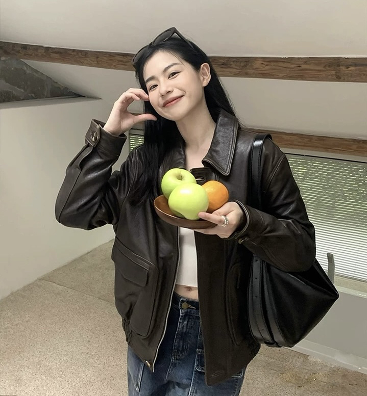 进口头层全植鞣绵羊皮复古真皮皮衣外套小众飞行员皮夹克