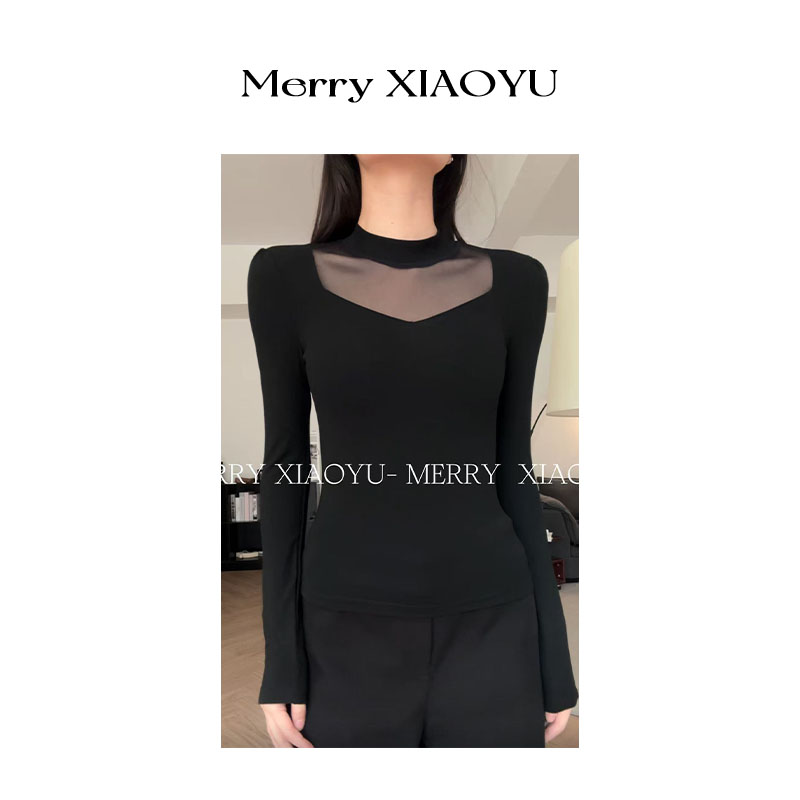 【小鱼】秋冬新款网纱设计辣妹长袖修身显瘦百搭气质上衣打底衫