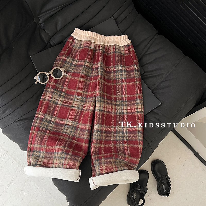 Q现货-冬装儿童韩版复古圣诞氛围格纹休闲加绒保暖阔腿裤SJ4923