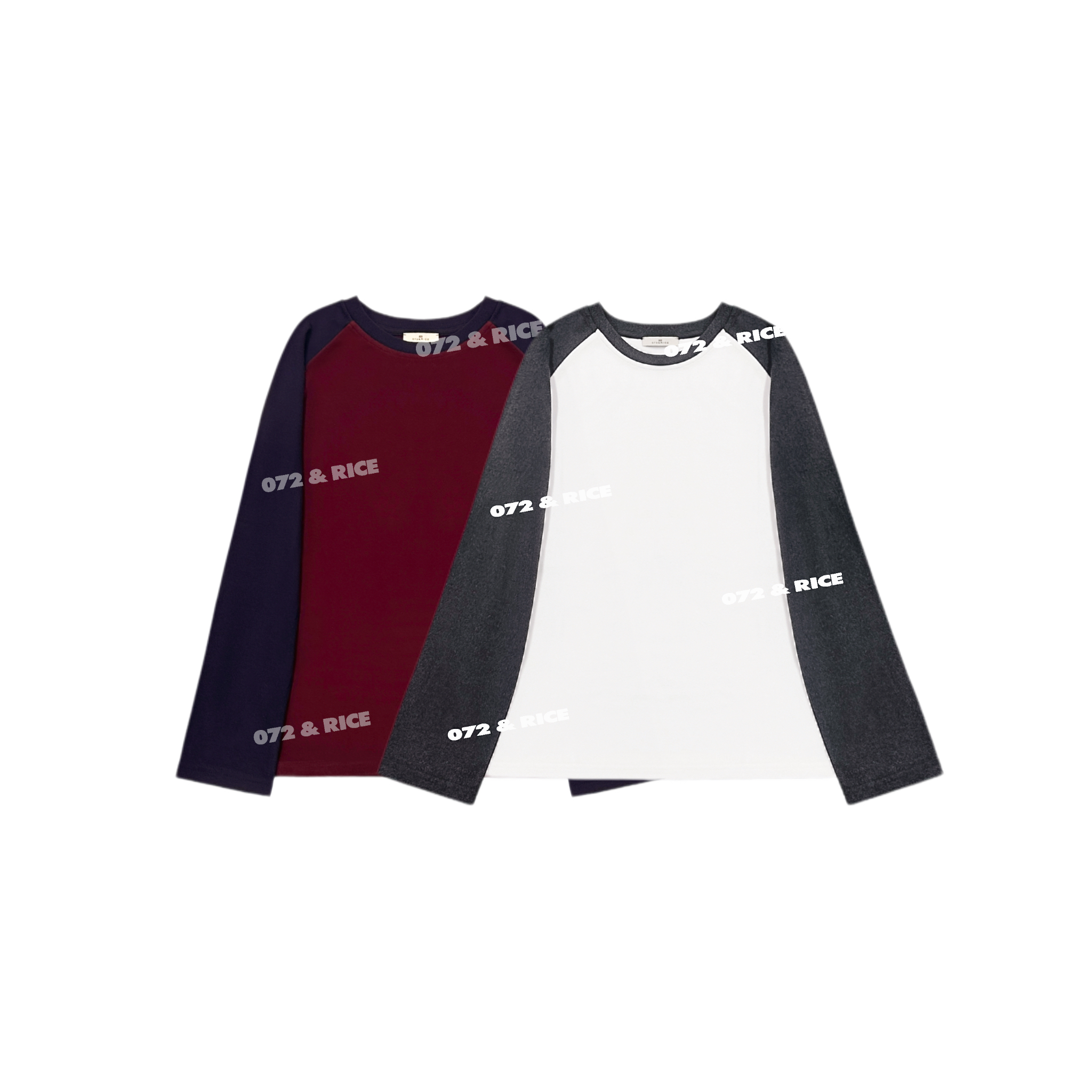 072 & RICE【学姐TEE】秋冬休闲圆领拼色插肩袖上衣 ZX-32W342